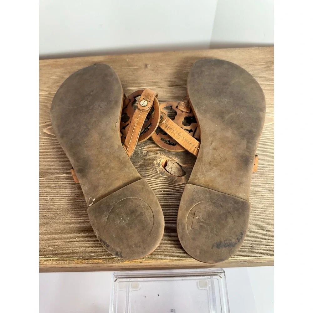 Tory Burch Mini Miller Sandals Women SZ 8 Brown Gold Logo Flip Flop Resort Boho